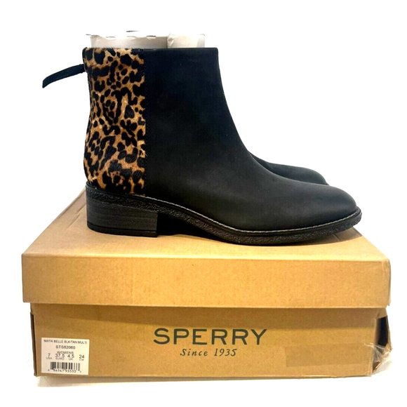 NWT SPERRY MAYA BELLE LEATHER & PONY HAIR ANKLE BOOTS BLACK/TAN MULTI 7M - Picture 2 of 4